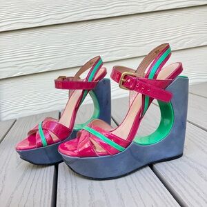 Stuart Weitzman Pink and Green Wedge Sandals